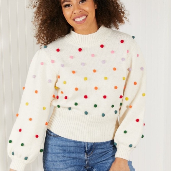 Davi & Dani Pop of Color Full Size Rainbow Pom Pom Sweater Small EUC - Picture 1 of 8